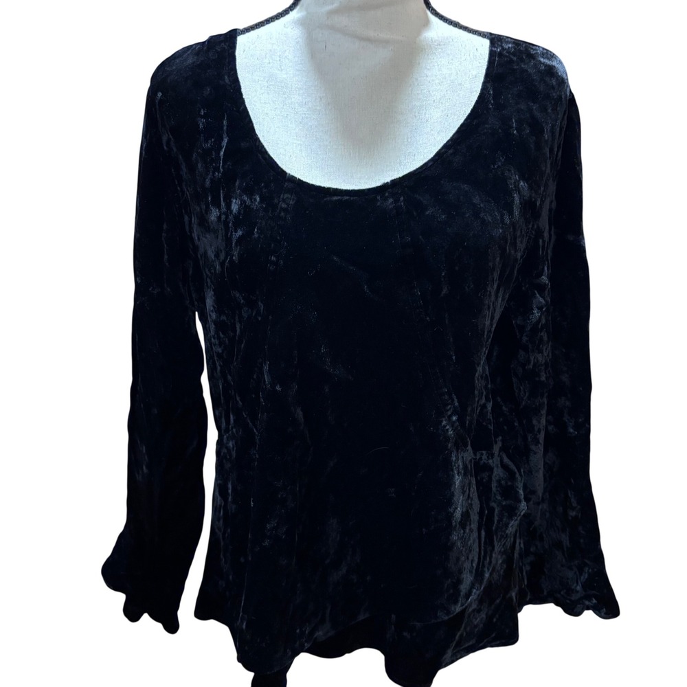 J Jill Black Crushed Velvet Split Hem Long Sleeve Scoop‎ Neck Top Size L